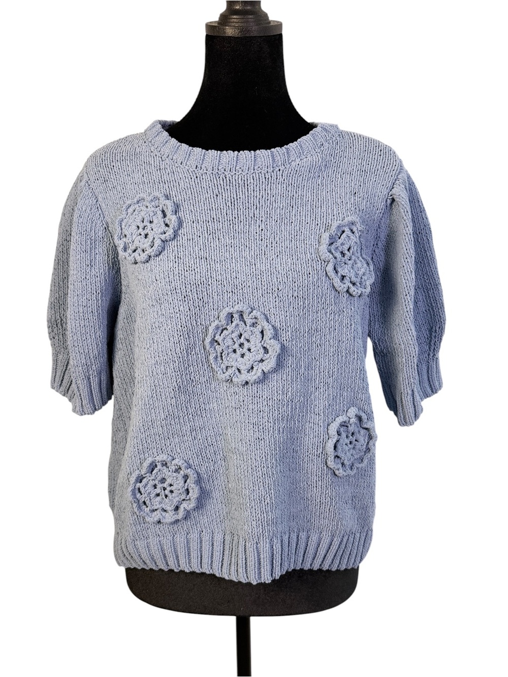 Joie Size L Blue Knit Sweater Top Crochet Floral Appliqué Puff Sleeve Cottagecor - Picture 8 of 10